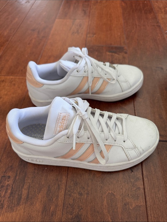 adidas Shoes - Adidas Athleisure White Sneakers with Pale Pink Peach Stripes